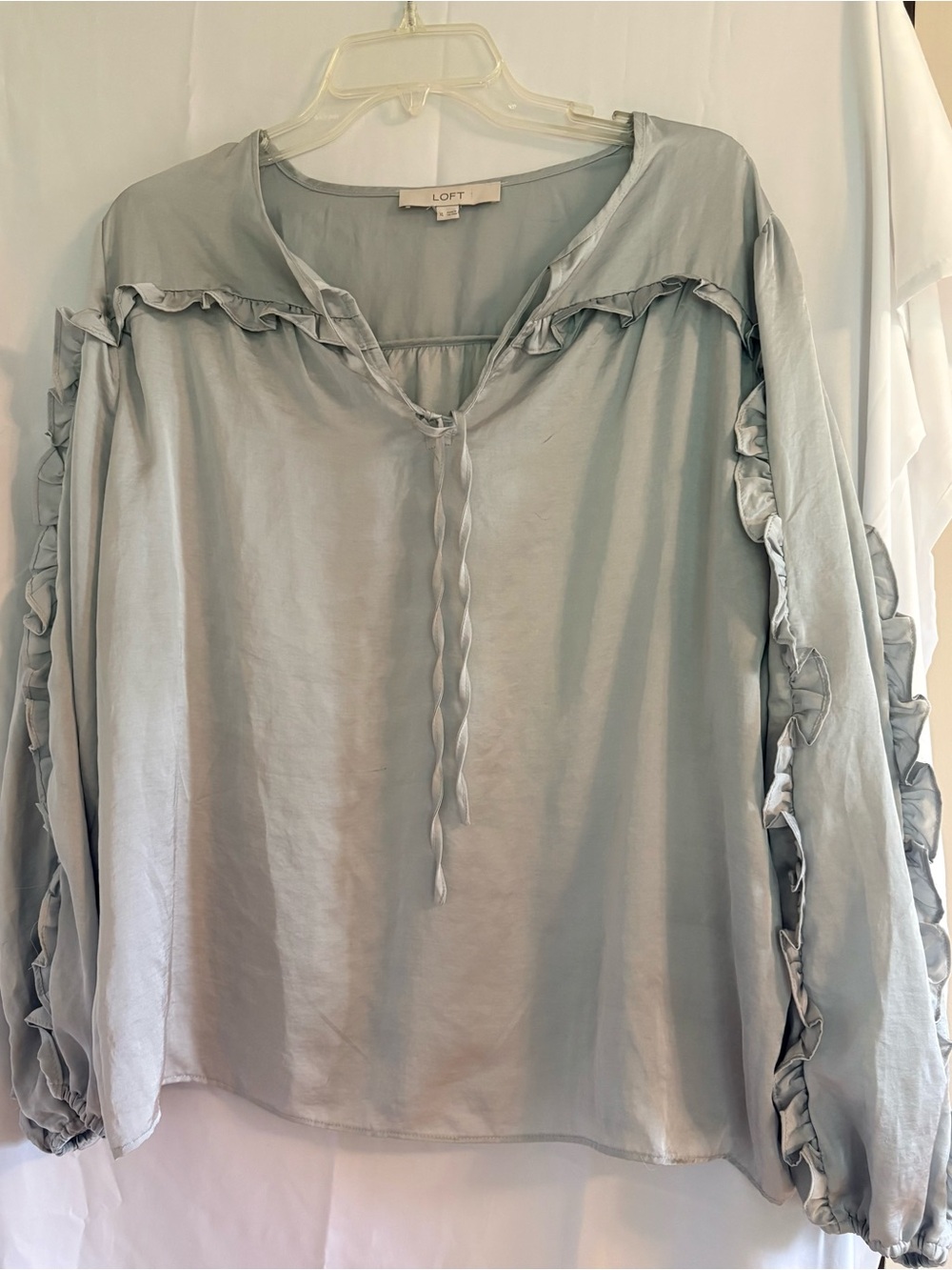 LOFT Silver Ruffle Tie-Front Blouse